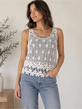 Tribal Lace Overlay Black/White Striped Tank Top – Size XS – NWT